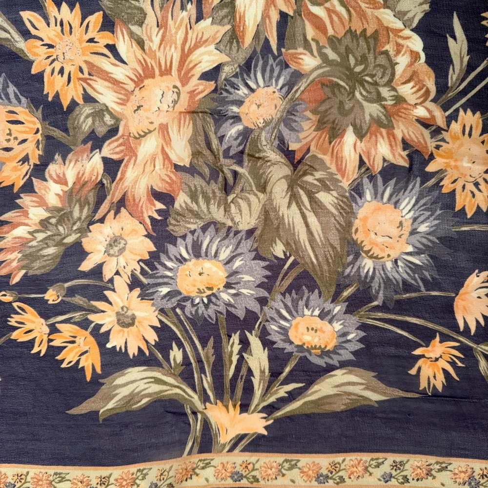 APRIL CORNELL SCARF ACCESSORY LARGE SQUARE BLUE TAN FLORAL COTTAGECORE BOHO
